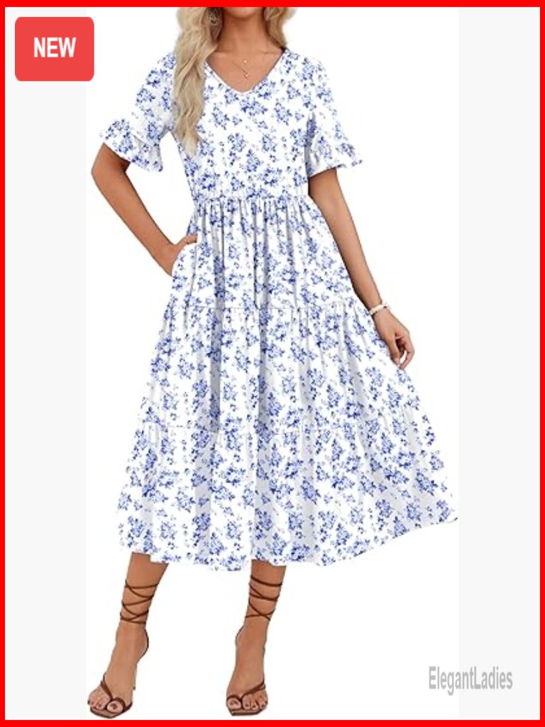 Women's Midi Tiered Casual Dress Floral V Neck Ruffle Short Sleeve Flowy With
